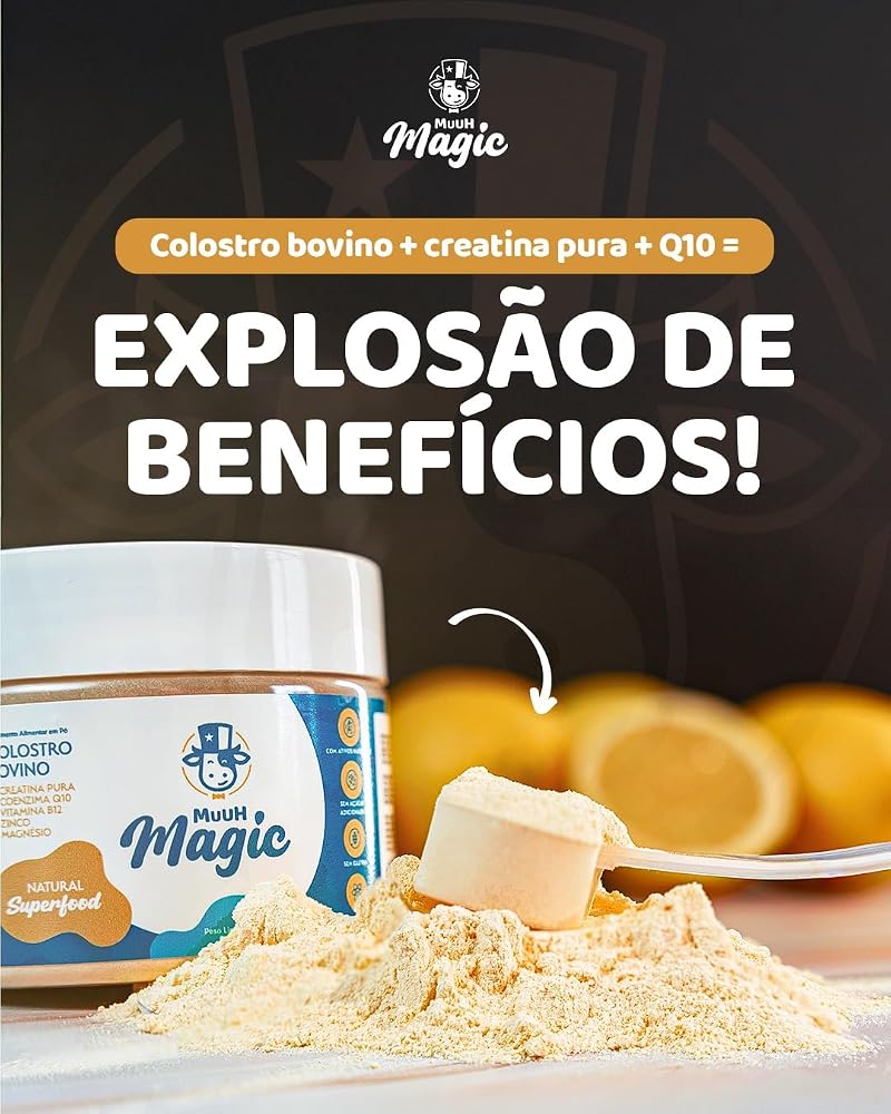 Colostro bovino + creatina pura + Q10: o pó do Magic Muuh no medidor